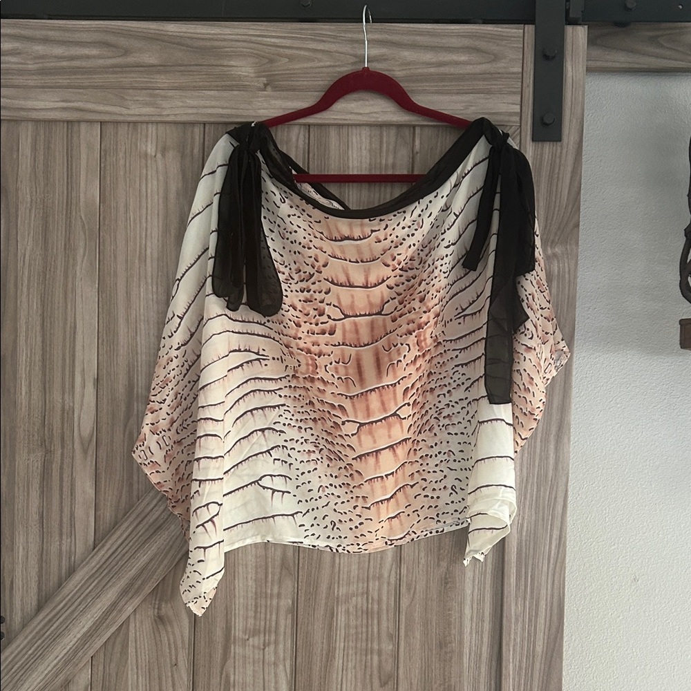 NWOT SHEIN Cream & Brown‎ Tie-Shoulder Animal Printed Blouse Size S